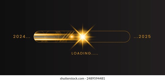 Loading progress bar reaches mid 2024. 2024 to 2025 Happy New Year. The concept of loading New Year's Eve with sparkling golden light