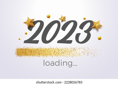 Loading progress bar reaching the end of 2022 and the start of 2023. Happy New Year vector. New year's eve loading screen with glitter confetti festive elements.