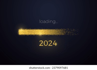 Loading progress bar reaching the end of 2023 and the start of 2024. Happy New Year vector. New year's eve loading screen with glitter confetti festive elements.