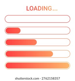 Loading progress bar set. Digital status bar in red gradient variation for software installation, internet connection, web interface and mobile application UI design. Vector illustration