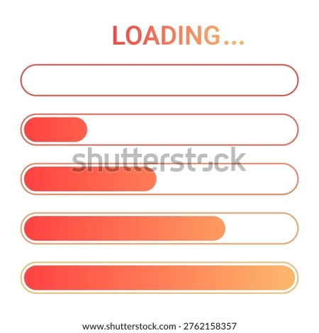 Loading progress bar set. Digital status bar in red gradient variation for software installation, internet connection, web interface and mobile application UI design. Vector illustration