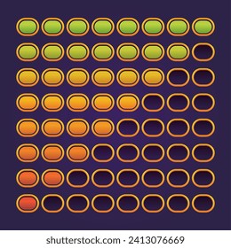 Loading progress bar UI. Game asset of shiny health and score percent indicator, animation UI sprite for mobile web application. Vector colorful set of interface progress game cartoon illustration