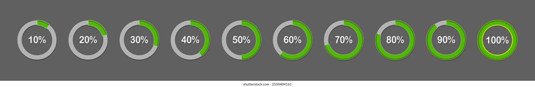 Loading progress bar vector illustration, Percentage circle set, Loading 10% to 100%  indicator set, circular percentage progress, loading icon isolated, Percentage graph templates set, 100% icon