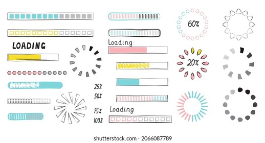 Loading Progress Bar Vector Style In Doodle Style. Updated Progress Circle Bar Icons. Loader Button. Load Progress Bar For UI. Upload Status Collection Or Download Round Process