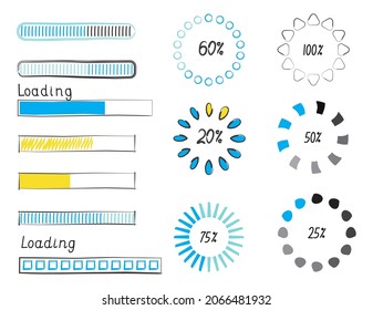 Cargando el estilo vectorial de la barra de progreso en el estilo de doodle. Iconos actualizados de la barra de círculo de progreso. botón Cargador. Cargar barra de progreso para la interfaz de usuario. Cargar colección de estado o descargar proceso de redondeo