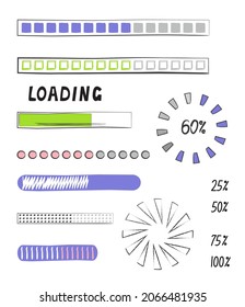 Loading Progress Bar Vector Style In Doodle Style. Updated Progress Circle Bar Icons. Loader Button. Load Progress Bar For UI. Upload Status Collection Or Download Round Process