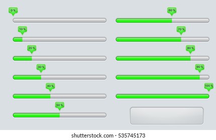 Loading progress bars, green percent indication. Vector illustration.
