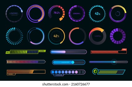 Loading progress bars, load or download and upload web icons, vector round graphs. Circle loaders and speed, status or loader percentage progress bars for website or internet page in neon gradient svg