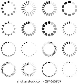 Loading, progress or buffering spinning icons, black and white