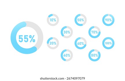 Loading Progress circles. The circle icon template segment ranges from 0% to 100%. Design for Set of round colorful infographic pie charts. animated indicators that visually display loading, buffering