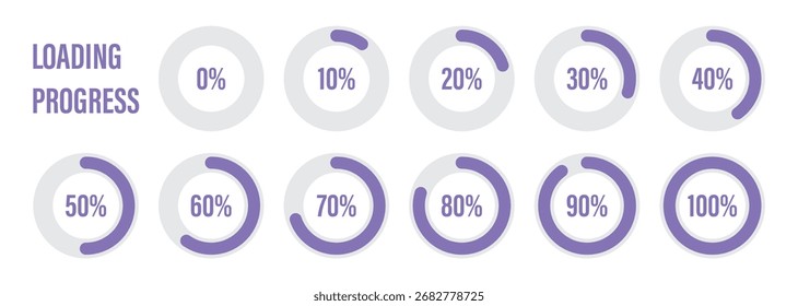 Progresso do carregamento. Conjunto de diagramas percentuais de círculo para infográficos 0,10, 20, 30, 40, 50, 60, 70, 80, 90, 100 por cento. Ícone de gráficos de pizza.
