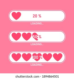 Loading progress status bar icon set. Love collection. Pink heart. Flat object. Vector illustration