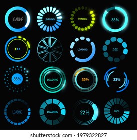 Loading progress or status bar vector icons of HUD user interface design. Futuristic digital interface of head up display with circular bars of download process, data upload, loader percentage diagram