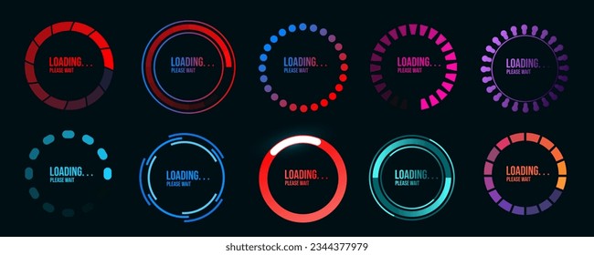 Cargando iconos vectoriales de progreso o barra de estado. Interfaz digital futurista de visualización frontal con barras circulares de proceso de descarga, carga de datos, diagrama de porcentaje de cargador