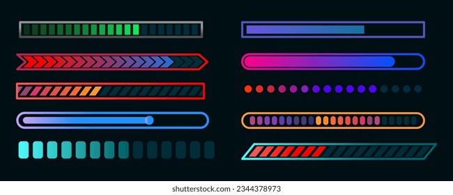 Loading progress or status bar vector icons. Futuristic digital interface of head up display with circular bars of download process, data upload, loader percentage diagram, vector