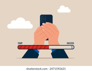 Loading. Search. Businessman with smartphone to from the start to success.  Challenge your progress and win the race. Flat vector illustration. 
