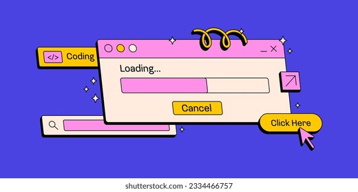 Cargando y buscando. Interfaz de usuario en estilo neobrutalismo retro. Elementos para el diseño de UI UX. ы juguetón ingenuo. Ilustraciones vectoriales.