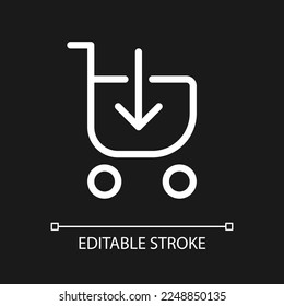 Das Laden des Warenkorb Pixel perfekt weiß lineares i Icon für dunkles Thema. Das Produkt in den Trolley stellen. Piktogramm der Vektorlinie. Identifiziertes Benutzeroberflächen-Symbol für den Nachtmodus. Bearbeitbarer Strich. Arithmetik verwendet