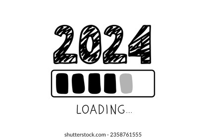 Loading sign. Symbol of approach of new 2024. Number 2024. Happy 2024 new year. Hand drawn doodle lettering vector illustration for flyers, greeting card for Merry Christmas and happy new year print.
