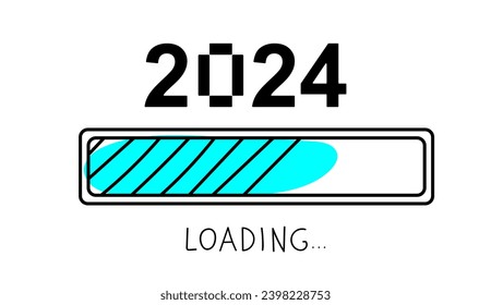 Loading sign. Symbol of approach of new 2024. 2024 coming Indicator. Loading bar doodle icon. Christmas and New Year print in digitally style. lettering vector illustration on white background.
