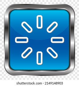 Loading simple icon vector. Flat design. Metal, blue square button. Transparent grid.ai