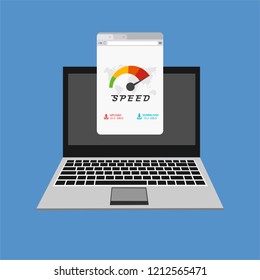 Loading speed analysis of a website, page loading software with computer flat vector illustration with icons
