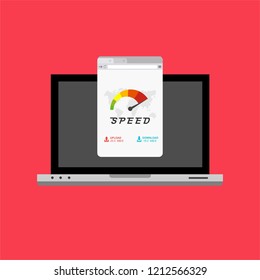 Loading speed analysis of a website, page loading software,Laptop with speed test on the screen. Vector illustration.