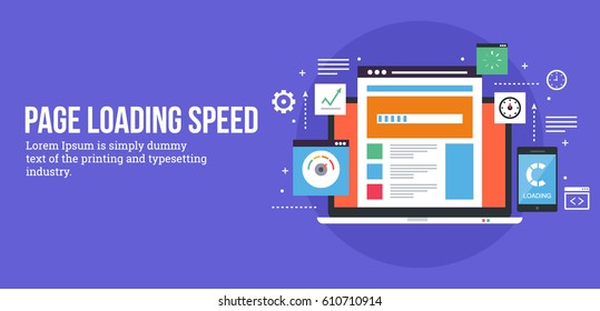 Loading speed analysis of a website, page loading software flat vector illustration with icons