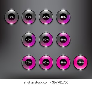 Loading spinners or progress loading bars in different loading state and percentage. Designed with realistic transparent glass shine and shadow on the white background. Vector illustration. Eps10