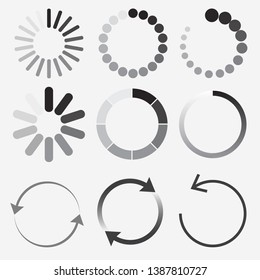 Loading status icons, Round progress Bar, buffer and load symbols set. Preloader design elements. Vector