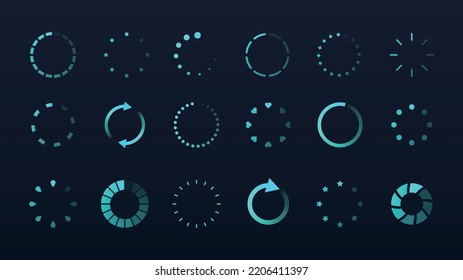 Loading symbols set. Collection of graphic elements for website. Futuristic interface for programs and applications. Progress bar, download files or uploading. Cartoon flat vector illustration