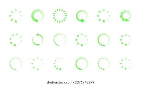 Das Laden von Symbolen mit weißem Satz. Grüne Pfeile zum Herunterladen. Fortschritte und Prozess. Hochladen und Synchronisieren, Aktualisierung des Betriebssystems. Cartoon-FlachVektorgrafik, einzeln auf weißem Hintergrund