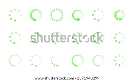 Loading symbols white set. Green arrows for downlading. Progres s and process. Upload and synchronization, operating system update. Cartoon flat vector collection isolated on white background [[stock_photo]] © 