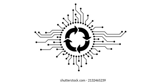 Loading or syncing data cloud. Round go back, return arrow, turn pointer. Circuit board or electronic motherboard. Update, lines and dots connect. Vector technology refresh data. Input or output.