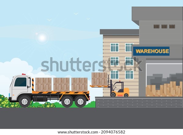 Loading the truck with packed goods at the\
industrial warehouse with a forklift truck, freight transportation,\
shipment and logistics.Delivery home and office. vector\
illustration.