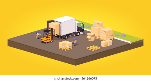 Loading or unloading of the cardboard boxes. White truck and forklift. 3D lowpoly isometric vector concept illustration