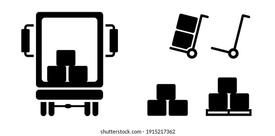 Loading and unloading. Delivery icon. unloading or loading boxes from truck. Work in logistics, shipping. Boxes of goods for import and export. Flat vector trucks pictogram. Warehouse icons. Pallet.