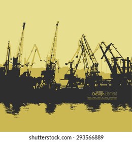 Loading, unloading in sea port for cargo industry design. Working crane. Silhouette. Abstract background. vector