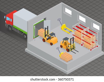 Loading or unloading a truck in the warehouse. Forklifts move the cargo. Warehouse equipment. Isometric illustration.
