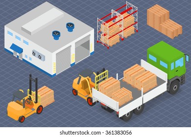 Loading or unloading a truck in the warehouse. Forklifts move the cargo. Warehouse equipment.