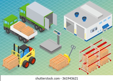 Loading or unloading a truck in the warehouse. Forklifts move the cargo. Warehouse equipment. Isometric vector illustration.