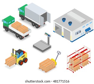 Loading or unloading a truck in the warehouse. Forklifts move the cargo. Warehouse equipment. Isometric vector illustration on white background