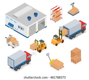 Loading or unloading a truck in the warehouse. Forklifts move the cargo. Warehouse equipment. Isometric vector illustration.