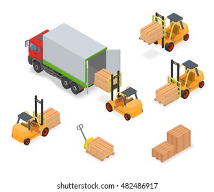 Loading or unloading a truck in the warehouse. Forklifts move the cargo. Warehouse equipment.