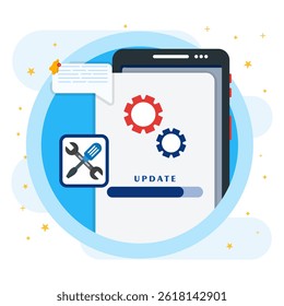 Loading update process on smartphone screen with screwdriver key and bubble of notification. System software and data update. Repair or update concept. 