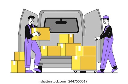 Loading van simple. Men with cardboard boxes and parcels near automobile. Shipping and transportation. Import and export. Linear flat vector illustration isolated on white background