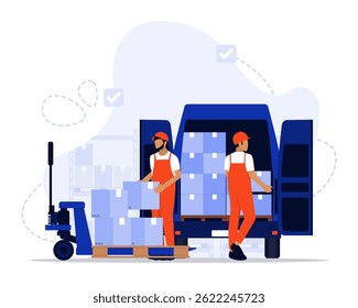 Loading a van in a warehouse concept illustration. Suitable for landing page, ui, web, App intro card, editorial, flyer, and banner.