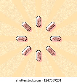 Loading or wait icon. Vintage retro typography with offset printing effect. Dots poster with comics pop art background