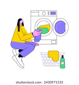 Loading washing machine isolated cartoon vector illustrations. Woman putting clothes in the washing machine, people lifestyle, home routine, daily chores, house duties vector cartoon.