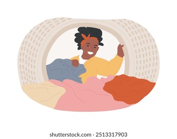 Carregando ilustrações isoladas do vetor de desenhos animados da máquina de lavar roupa. Mulher colocando roupas na máquina de lavar, estilo de vida das pessoas, rotina doméstica, tarefas diárias, casa deveres vetor cartoon.